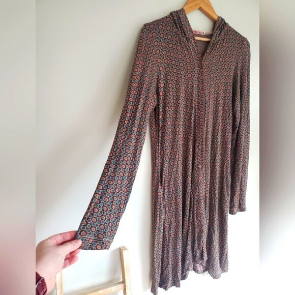 Johnny Was brown and teal printed hooded button up jersey dress in siz… - Picture 3 of 16